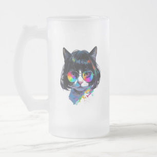 Cat in a Wig + Sunglasses (Painting #6) Frosted Glass Beer Mug