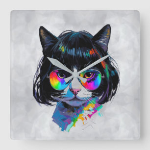Cat in a Wig + Sunglasses (Painting #6) Square Wall Clock