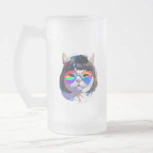 Cat in a Wig + Sunglasses (Painting #7) Frosted Glass Beer Mug