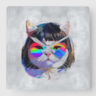 Cat in a Wig + Sunglasses (Painting #7) Square Wall Clock