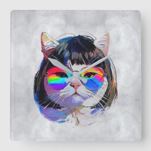 Cat in a Wig + Sunglasses (Painting #7) Square Wall Clock (Front)