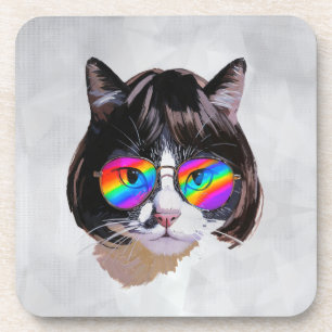 Cat in a Wig + Sunglasses (Painting #8) Coaster