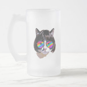 Cat in a Wig + Sunglasses (Painting #8) Frosted Glass Beer Mug