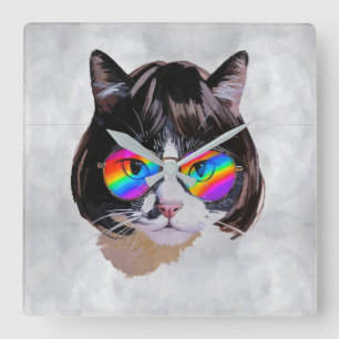 Cat in a Wig + Sunglasses (Painting #8) Square Wall Clock