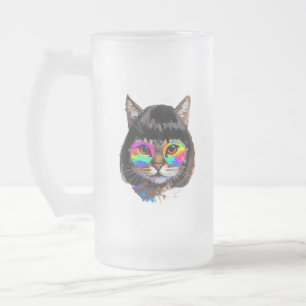 Cat in a Wig + Sunglasses (Painting #9) Frosted Glass Beer Mug