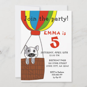 Cat in Air Balloon Kids Birthday Invitation