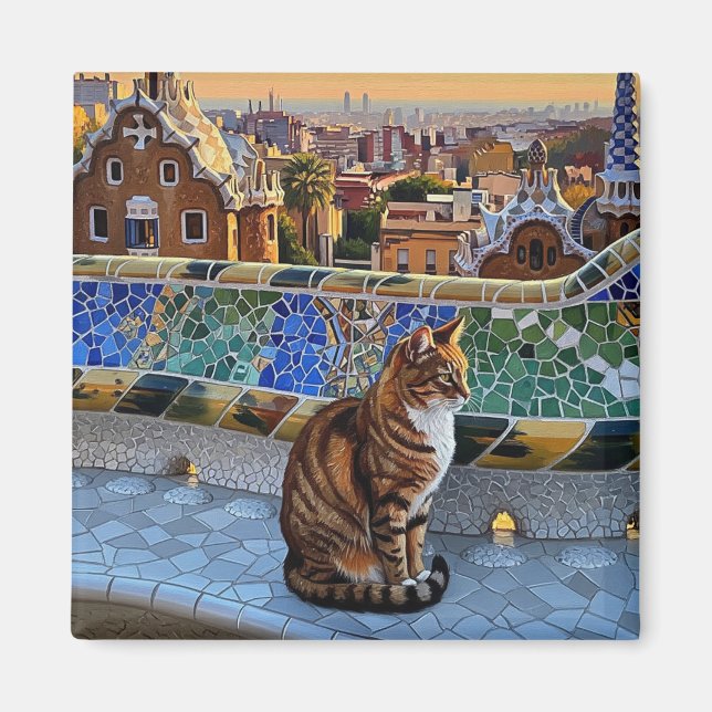 Cat in Barcelona Spain Park Güell Travel Magnet (Front)