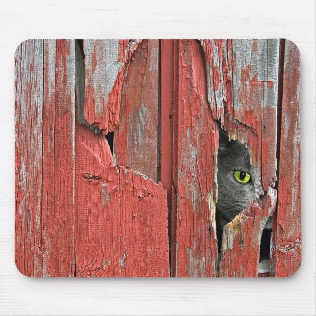 Cat in barn wood hole mouse mat (Front)