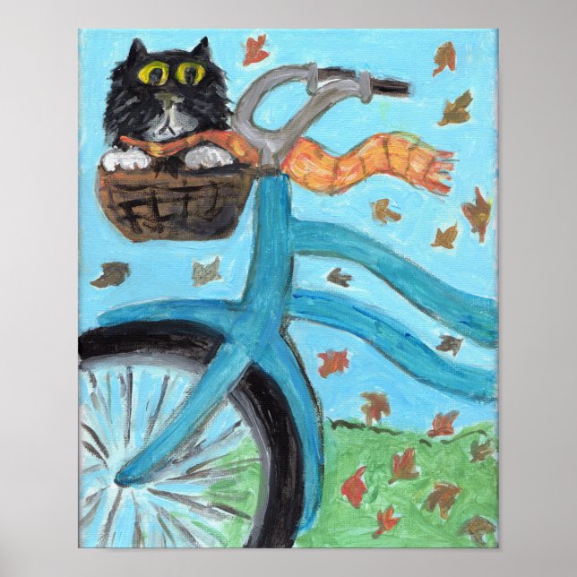 Cat in Basket Folk Art Cute Unique Painting Poster (Front)