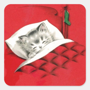 Cat in bed on Christmas Square Sticker