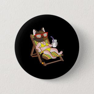 Cat In Bikini On Beach Chair Drinking 6 Cm Round Badge