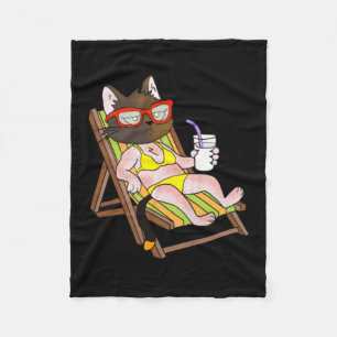 Cat In Bikini On Beach Chair Drinking Fleece Blanket