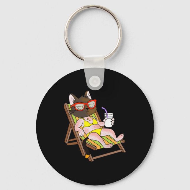 Cat In Bikini On Beach Chair Drinking Key Ring (Front)