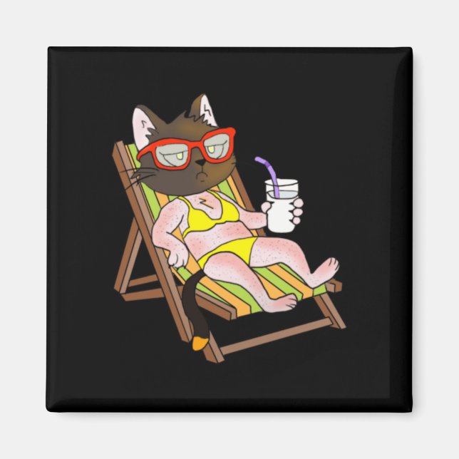 Cat In Bikini On Beach Chair Drinking Magnet (Front)