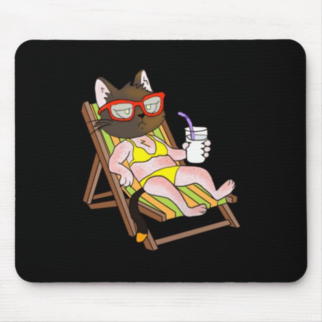 Cat In Bikini On Beach Chair Drinking Mouse Mat (Front)