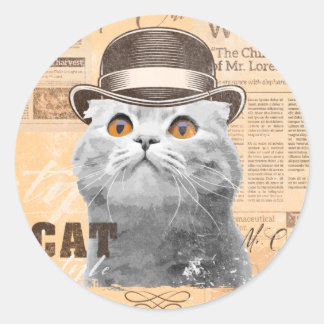 Cat in bowler hat, old classic newspaper, vintage classic round sticker