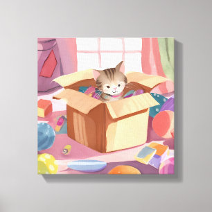 Cat in Cardboard Box   Kitten Watercolor Cat Canvas Print