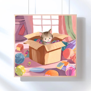 Cat in Cardboard Box Kitten Watercolor Cat Poster