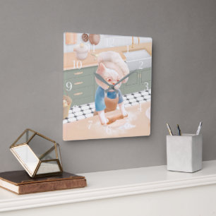 Cat In Chef Hat Rolling Dough at Kitchen Square Wa Square Wall Clock
