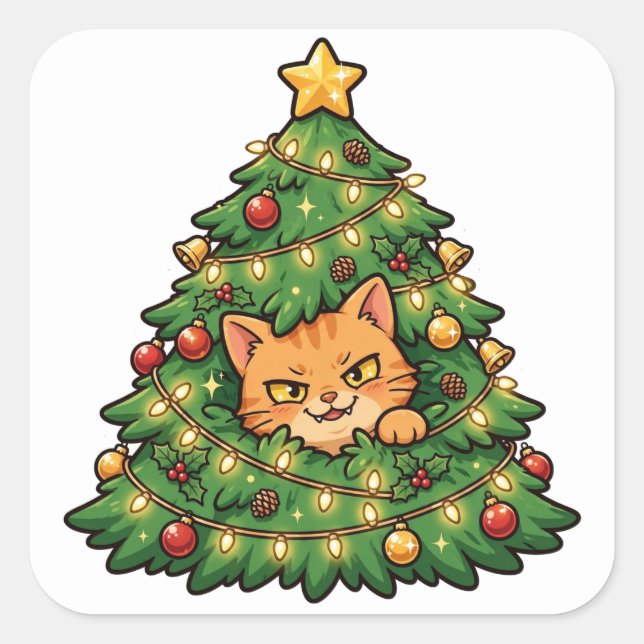 Cat in Christmas Tree Funny Sticker (Front)