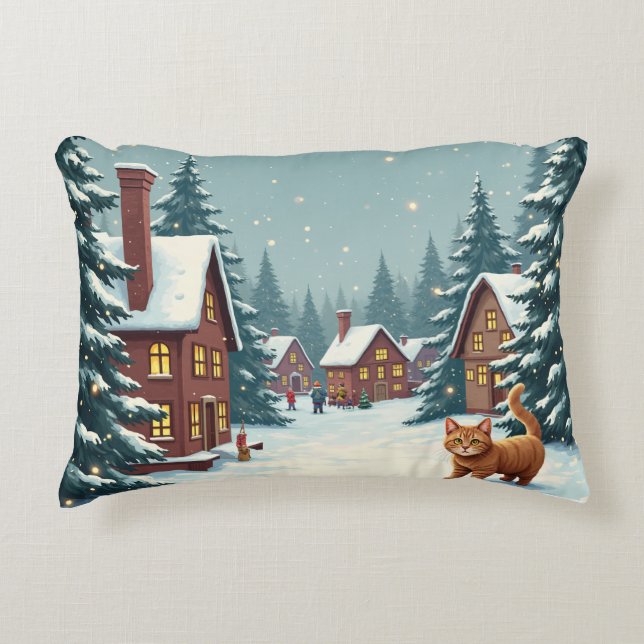 cat in christmas village decorative cushion (Front)