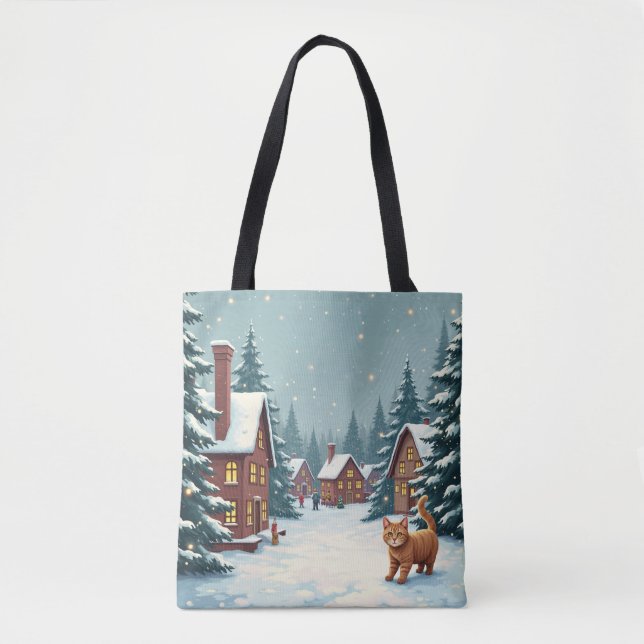 cat in christmas village tote bag (Front)