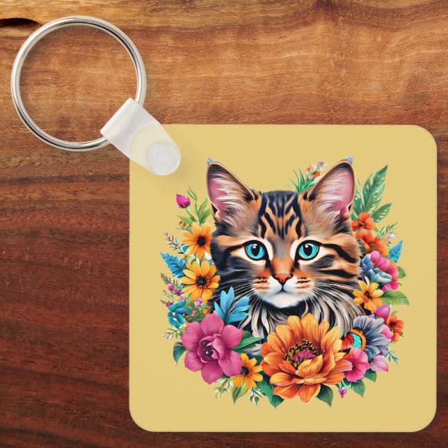 Cat in Colourful Floral Wreath Key Ring (Front)