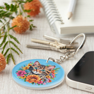 Cat in Colourful Floral Wreath Key Ring