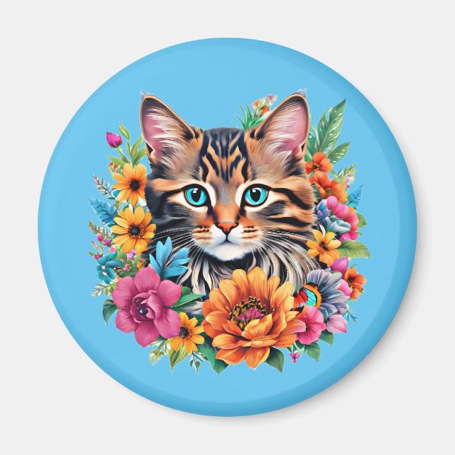Cat in Colourful Floral Wreath Magnet (Front)