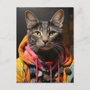 Cat in Colourful Hoodie and Jacket AI Art Postcard