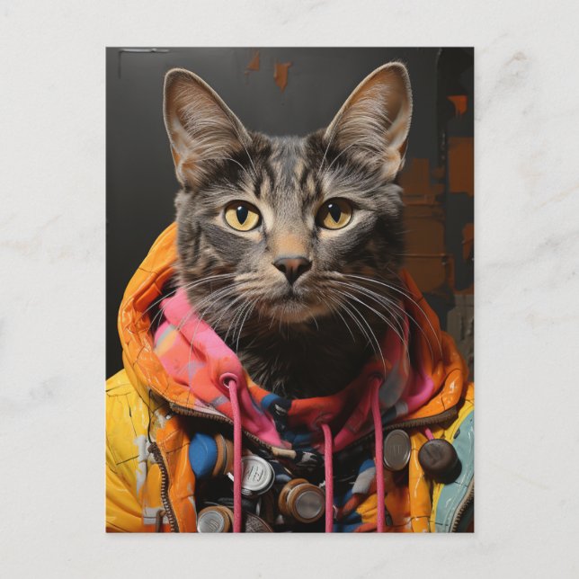 Cat in Colourful Hoodie and Jacket AI Art Postcard (Front)