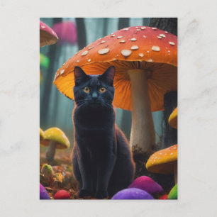 cat in colourful mushrooms postcard