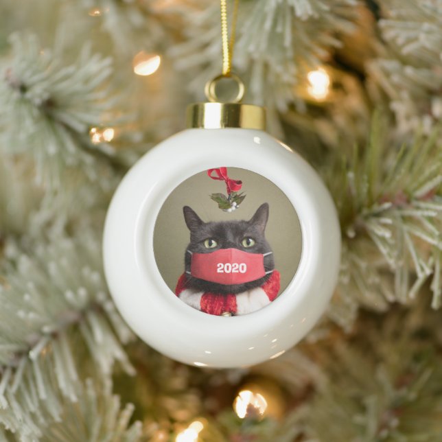 Cat in Coronavirus Facemask Humor Ceramic Ball Christmas Ornament (Tree)