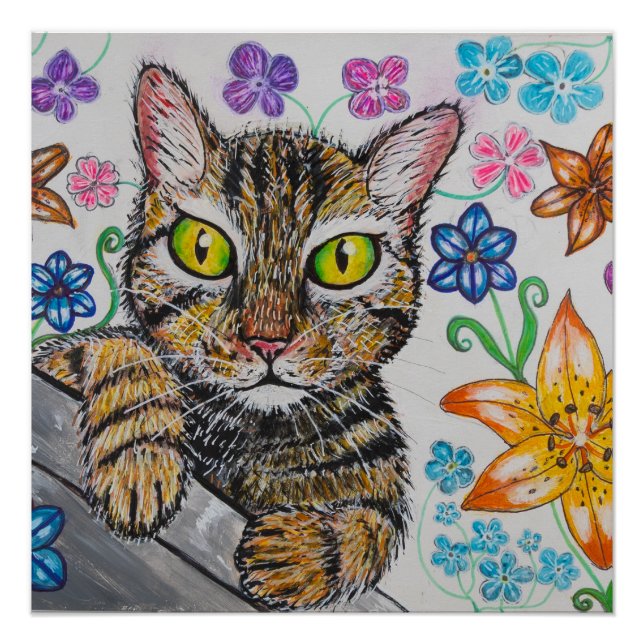 Cat in floral background Glossy Poster (Front)