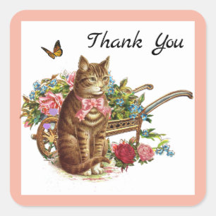 Cat in Flower Garden Vintage Thank You Square Sticker