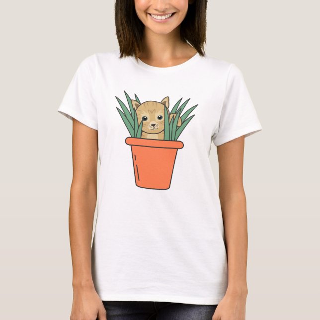 Cat In Flower Pot Funny Kitten In Plants T-Shirt (Front)