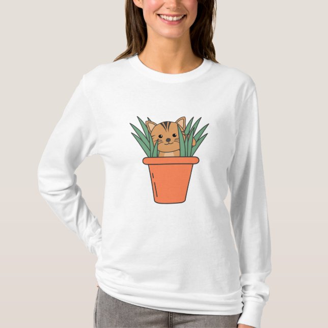 Cat In Flower Pot Funny Kitten In Plants T-Shirt (Front)