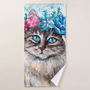 Cat in flower wreath oil painting on canvas. Winte Bath Towel