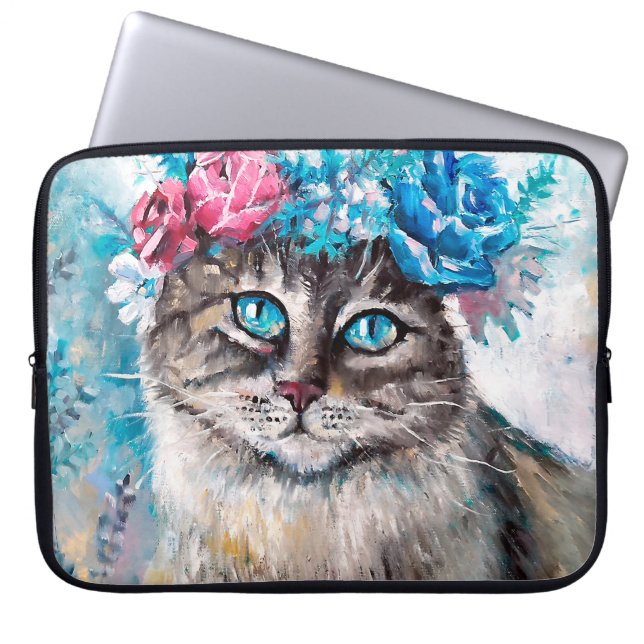 Cat in flower wreath oil painting on canvas. Winte Laptop Sleeve (Front)