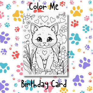 Cat in Flowers Coloring Page   Birthday  Card