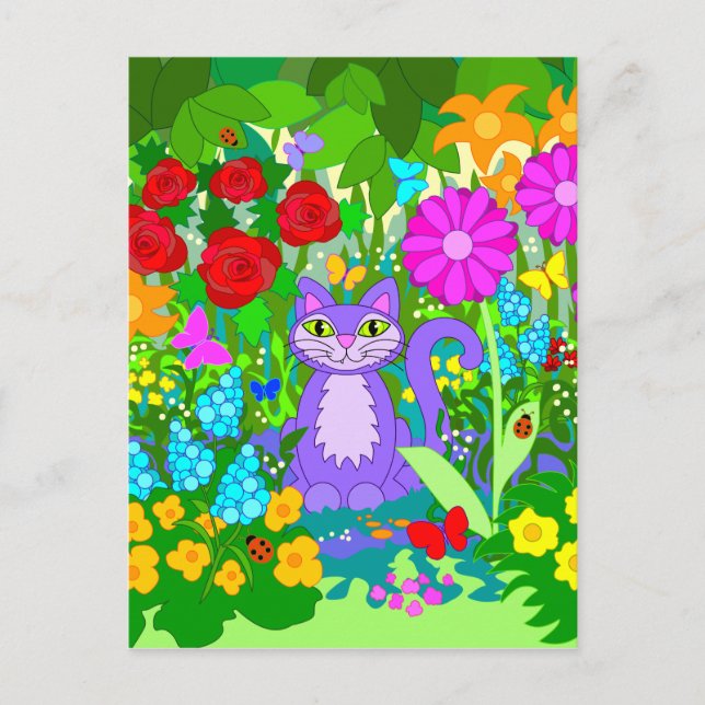 Cat in Garden Fantasy Flowers Butterflies Ladybugs Postcard (Front)