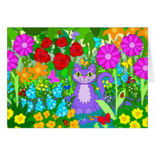 Cat in Garden Flowers Butterflies Ladybugs Art