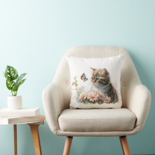 Cat in Garden with Butterfly Cushion