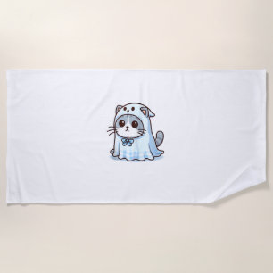 Cat in Ghost Costume for Halloween _1 Beach Towel