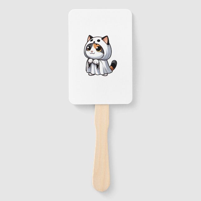 Cat in Ghost Costume for Halloween  Hand Fan (Front)