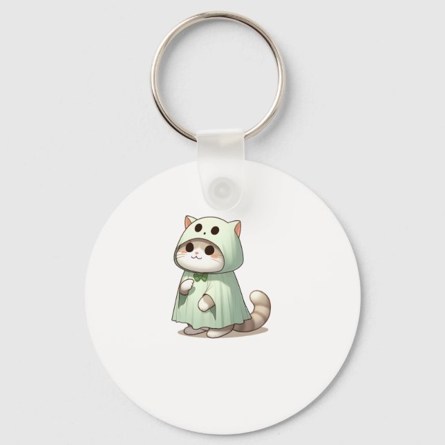 Cat in Ghost Costume for Halloween  Key Ring (Front)