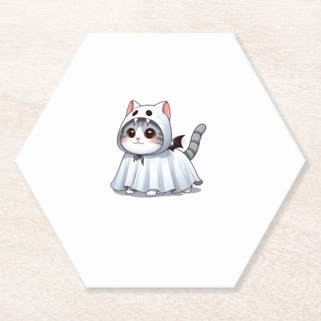 Cat in Ghost Costume for Halloween  Paper Coaster (Front)