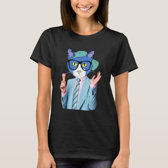 Cat In Glasses Cute Humour And Fun Cat With Ice Cr T-Shirt (Front)