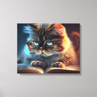 Cat in glasses reading a book canvas print