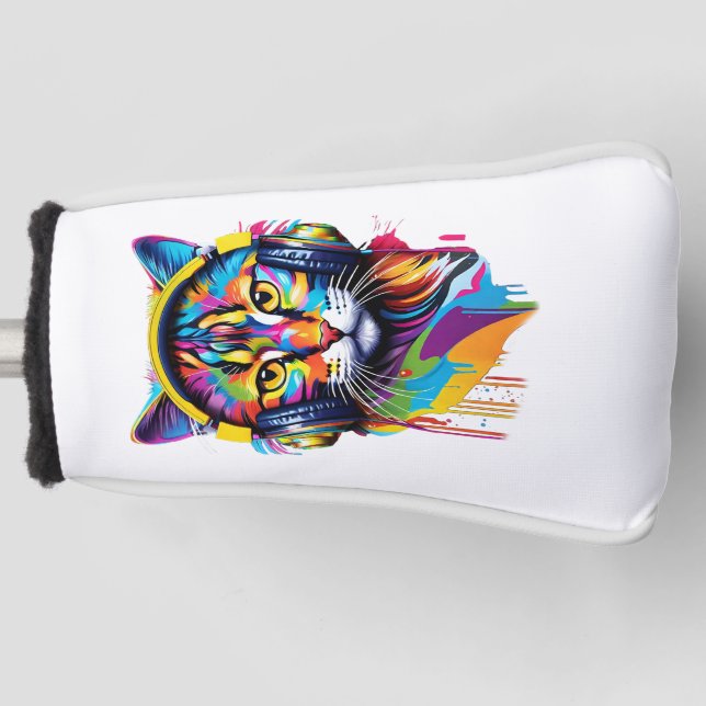 Cat in headphones golf head cover (Front)